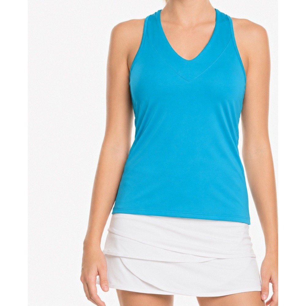 Lucky in Love Tennis Tank Top Womens M Turquoise Blue Racerback V Neck Athletic